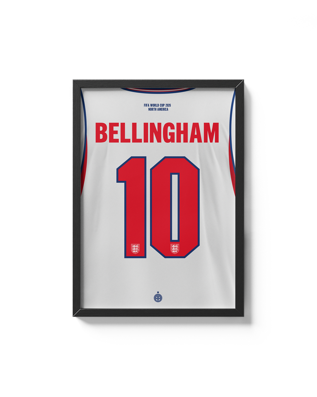 Cuadro de la camiseta de Jude Bellingham con Inglaterra 2026 enmarcado, diseño inspirado en la selección inglesa, ideal para fanáticos del fútbol y decoración deportiva.
