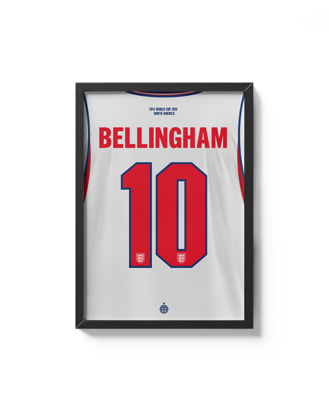 Cuadro de la camiseta de Jude Bellingham con Inglaterra 2026 enmarcado, diseño inspirado en la selección inglesa, ideal para fanáticos del fútbol y decoración deportiva.